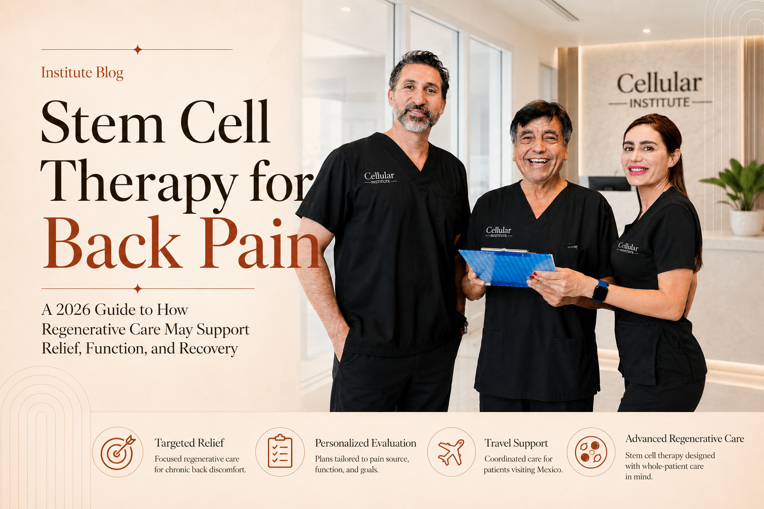 Cellular Institute clinicians in a modern clinic beside text reading “Stem Cell Therapy for Back Pain,” with callouts for targeted relief, personalized evaluation, travel support, and regenerative care.