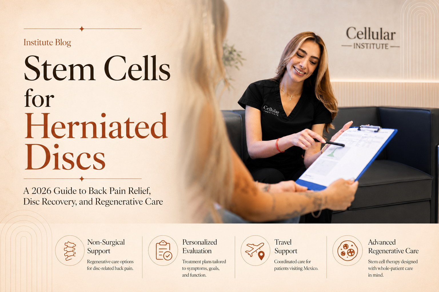 Cellular Institute clinician reviewing a patient’s clipboard beside the title “Stem Cells for Herniated Discs,” with callouts for personalized evaluation, travel support, and regenerative care.