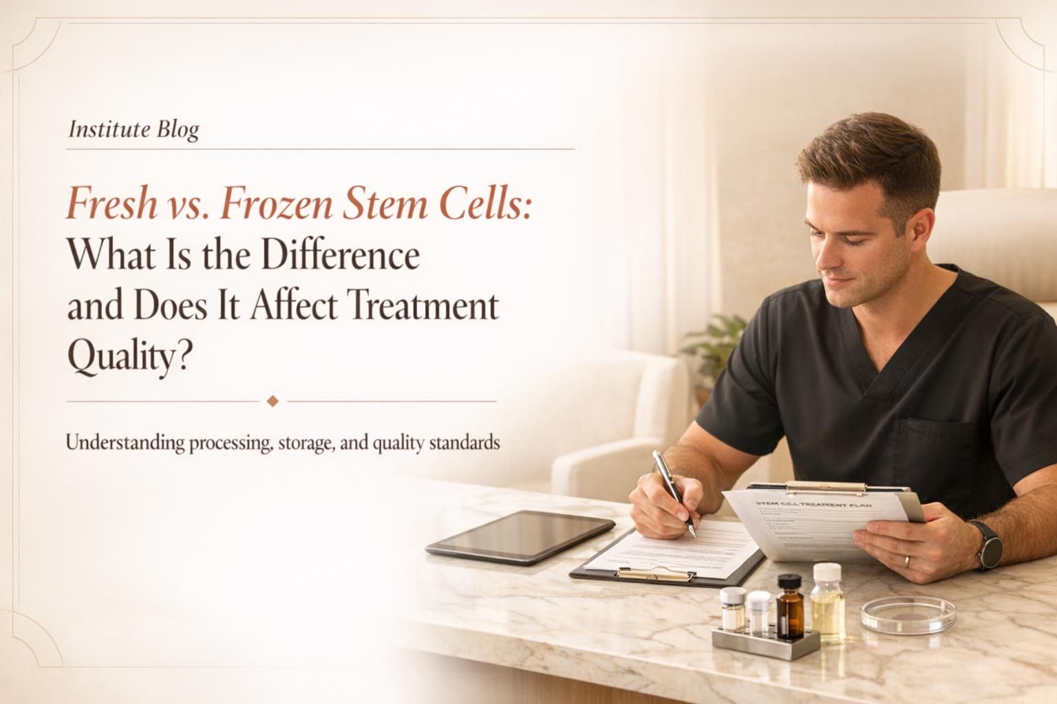 Premium editorial cover about the difference between fresh and frozen stem cells in a regenerative medicine clinic.