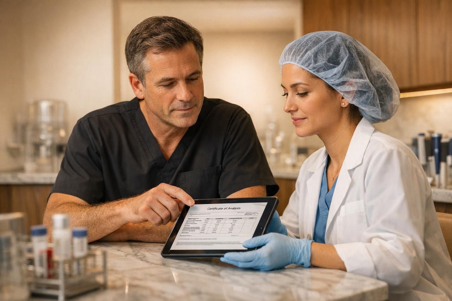 Physician and laboratory team reviewing stem cell quality documentation in a premium clinic environment.