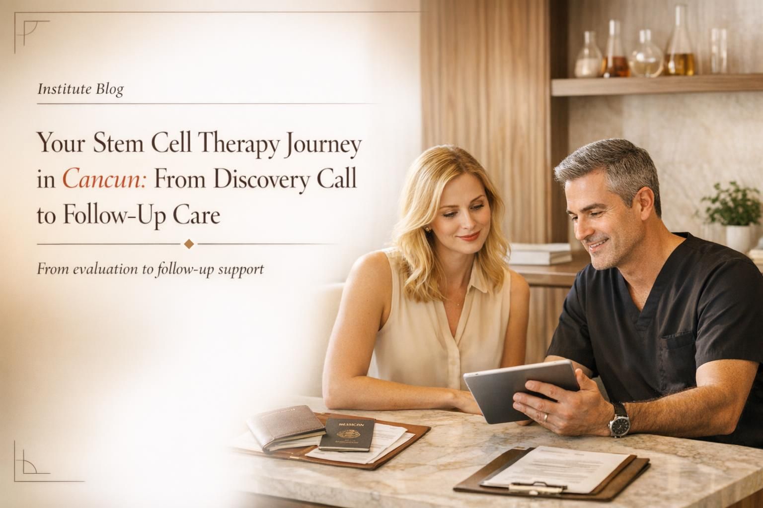 Premium blog banner showing a physician-led stem cell therapy journey in Cancun, with consultation and travel-support cues.
