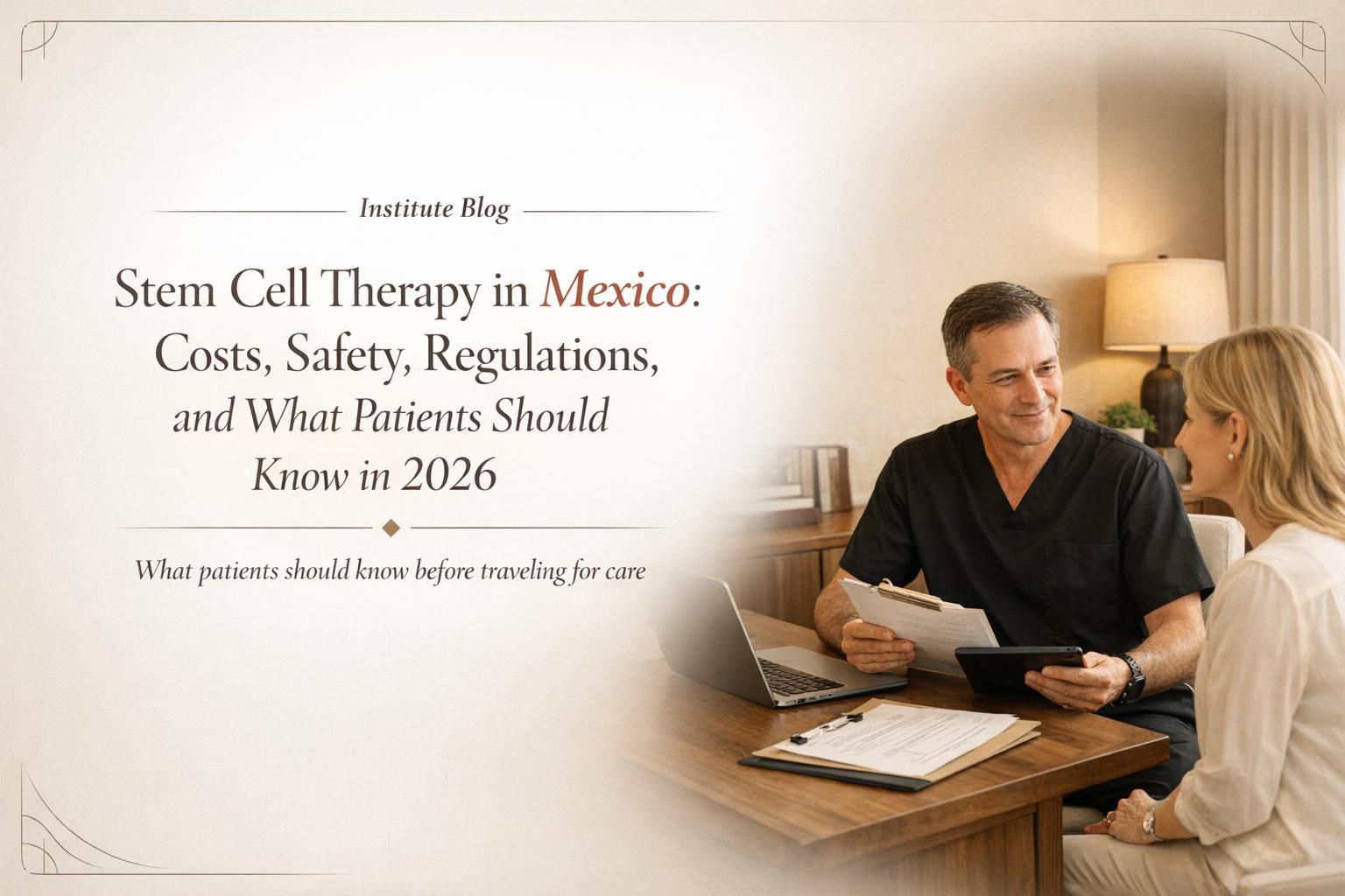 Premium editorial cover for a blog about stem cell therapy in Mexico, with a physician-led clinic consultation scene and title overlay.
