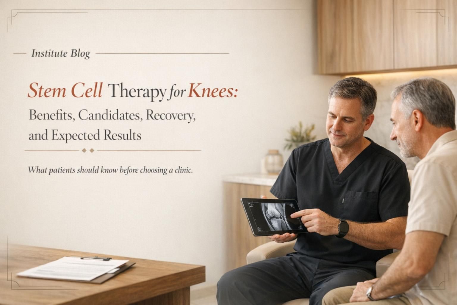 Premium editorial blog cover for stem cell therapy for knees with a physician-led consultation scene and elegant title overlay.
