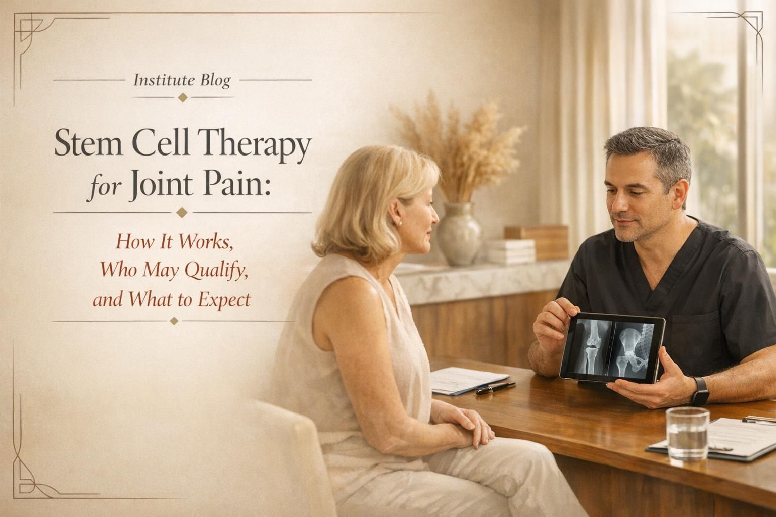 Premium editorial banner showing a physician-led consultation for joint pain and stem cell therapy at a modern regenerative medicine clinic in Cancún.