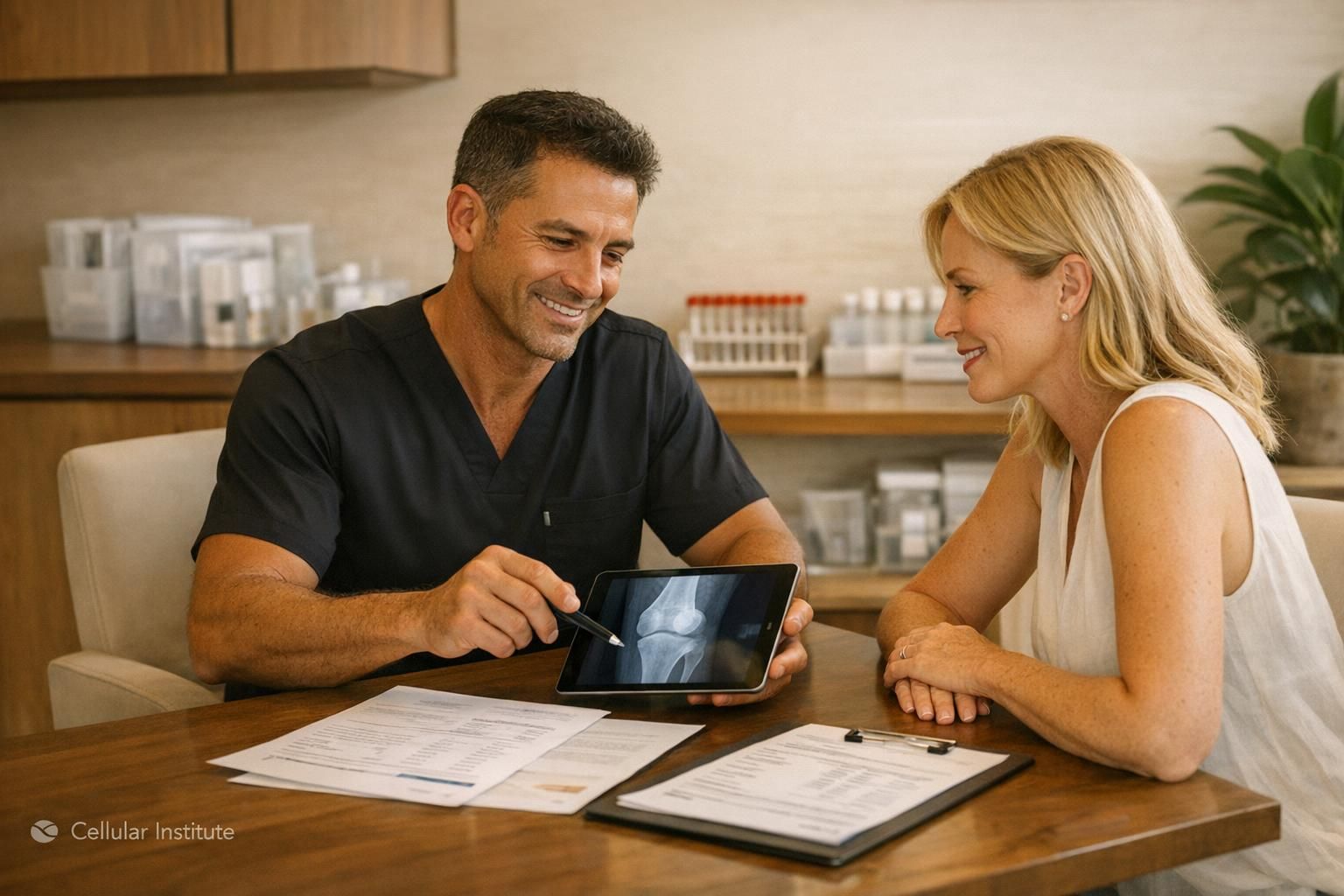 Physician and patient discussing lab documentation and a personalized joint pain protocol in a premium clinic setting.