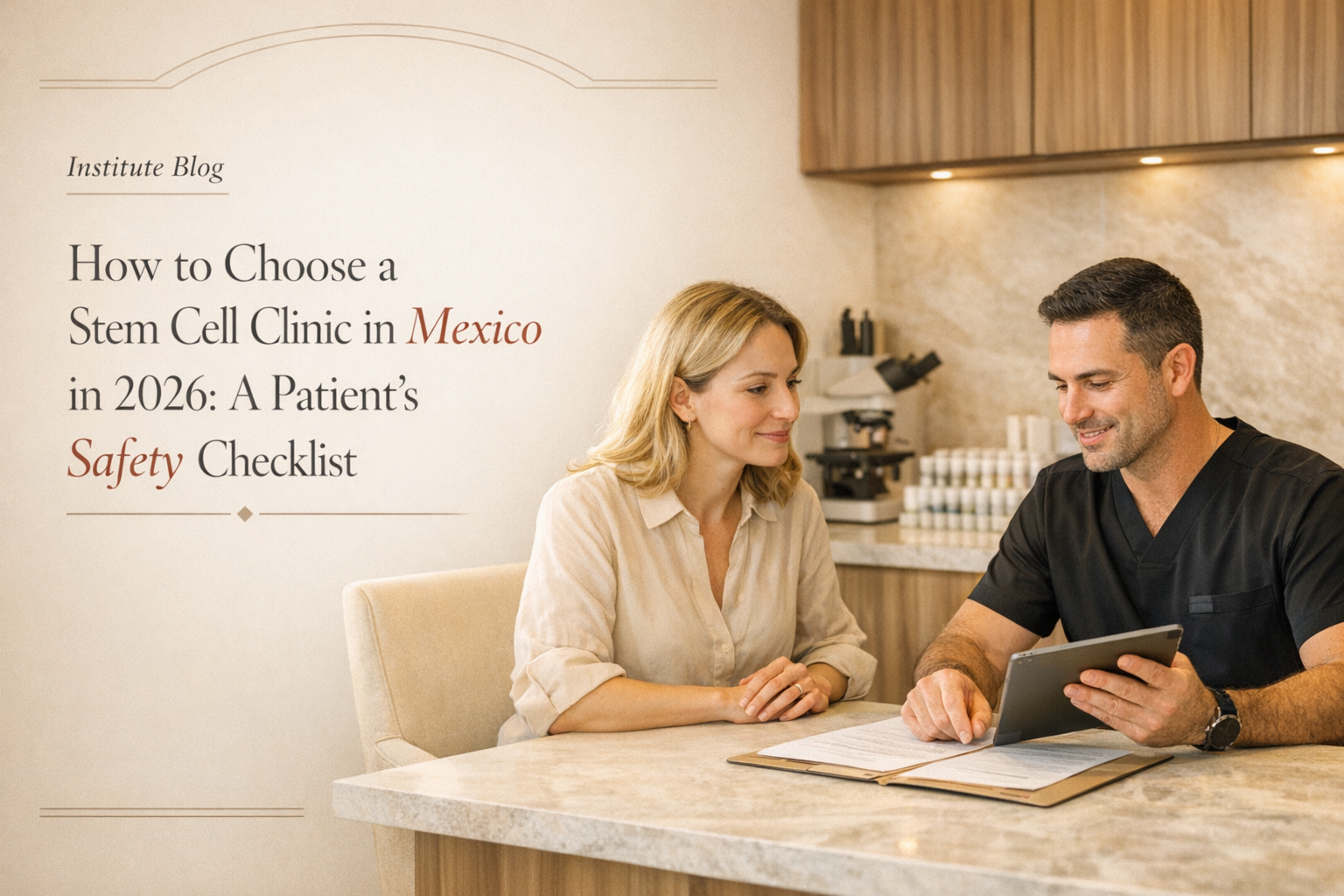 Premium editorial cover image for a stem cell clinic safety checklist in Mexico with physician consultation and elegant blog title overlay