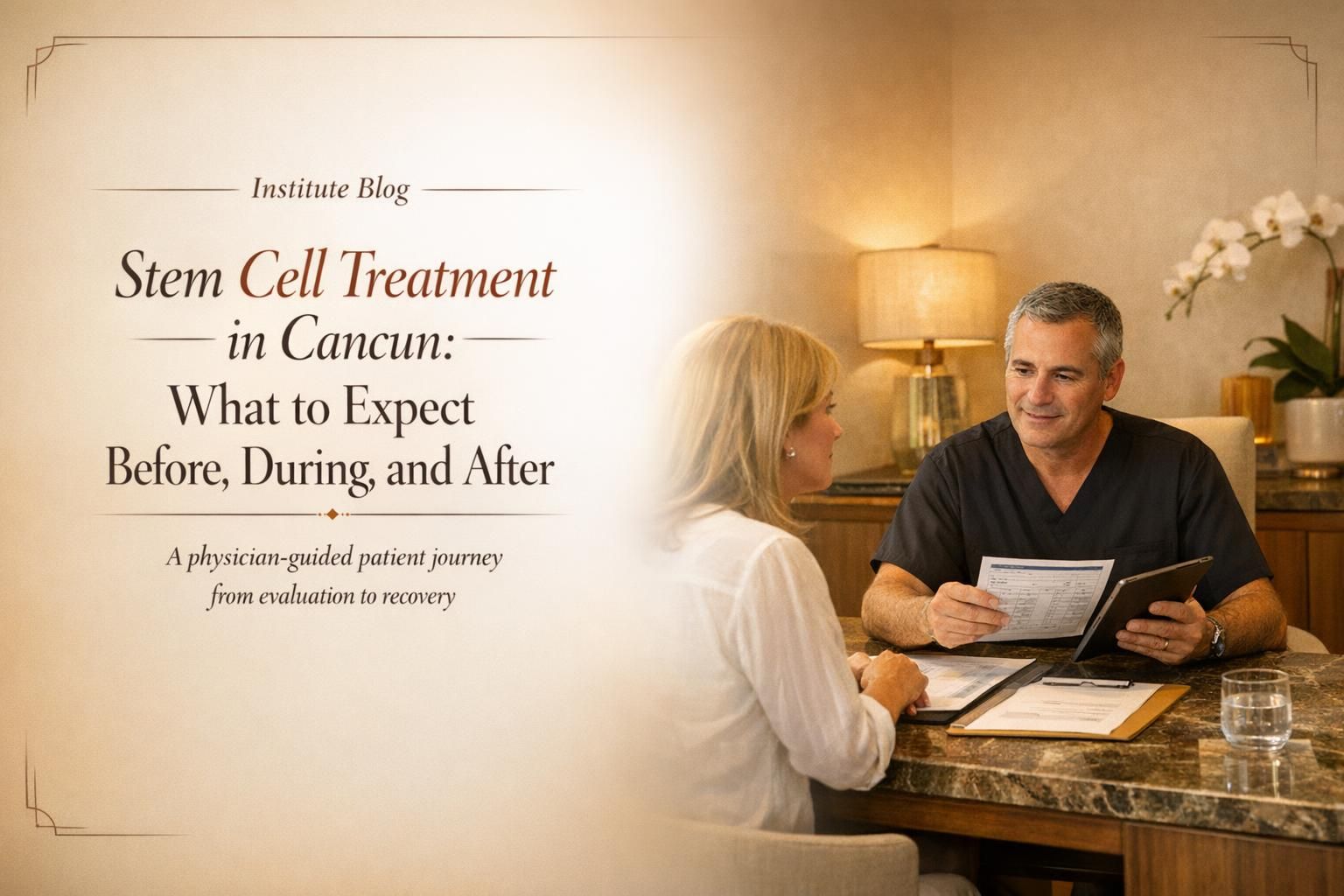 Premium editorial blog cover showing a physician-led stem cell consultation in Cancun with warm clinic lighting and the article title overlay.