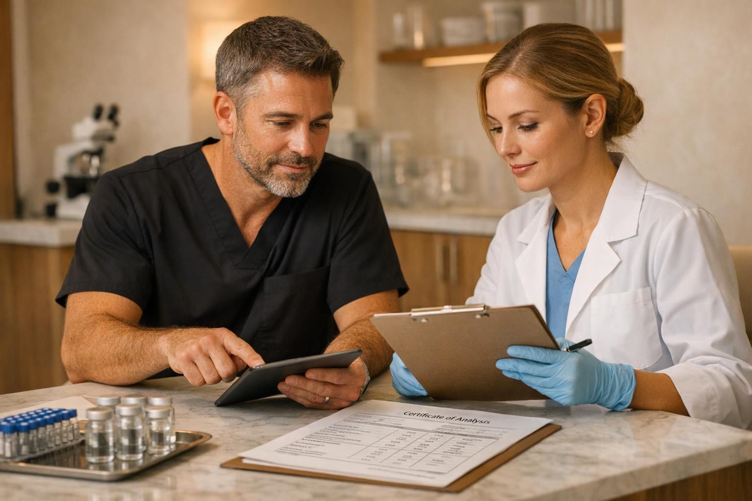 Physician and laboratory team reviewing biologic quality documentation and treatment planning materials in a premium clinic setting.