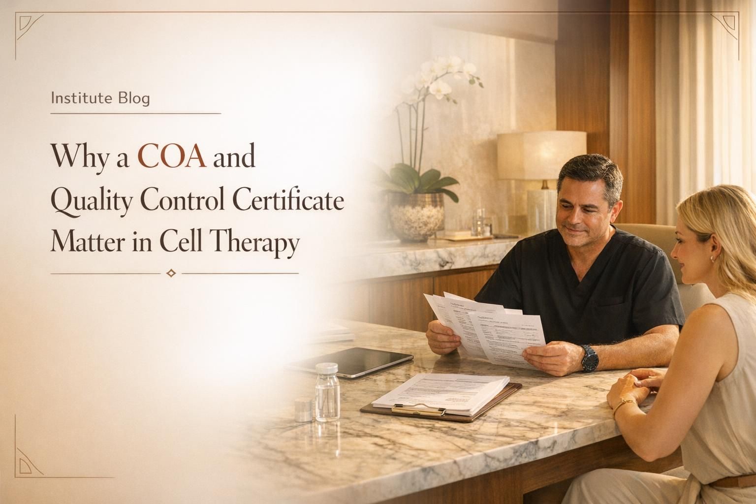 Premium editorial blog header about Certificate of Analysis and quality control in cell therapy, showing a physician reviewing lab documentation in a warm modern clinic.