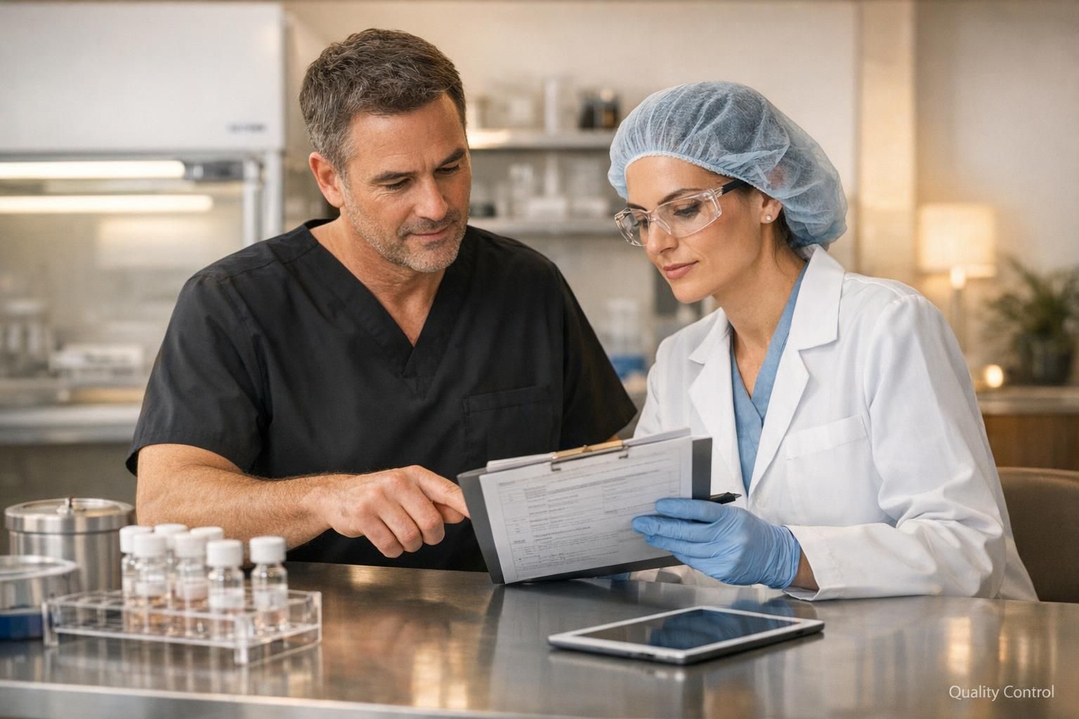 Warm laboratory scene with a physician and biotechnologist reviewing cell therapy quality control records and vials.