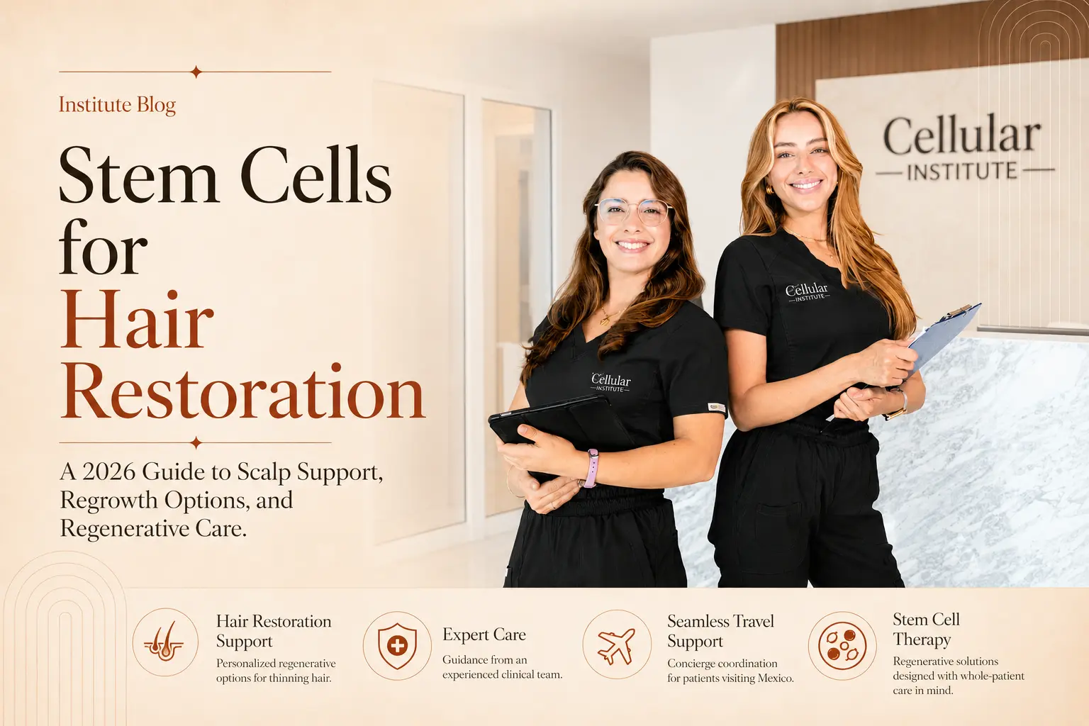 Featured image for “Stem Cells for Hair Restoration” showing two smiling Cellular Institute clinicians in black scrubs standing in a bright clinic, with text about scalp support, regrowth options, and regenerative care.