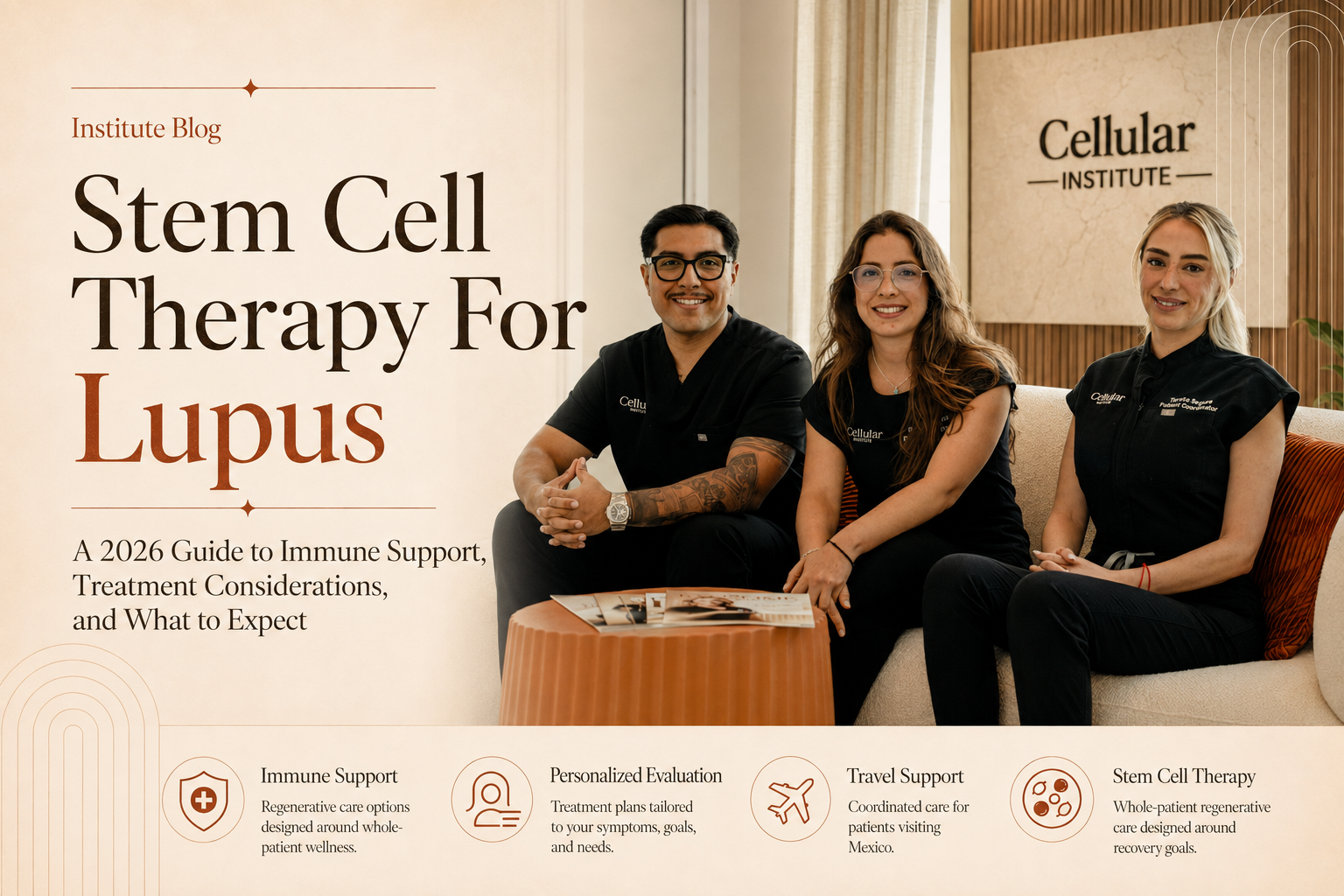 Image for “Stem Cell Therapy for Lupus” showing three Cellular Institute team members seated in a modern clinic, with information about immune support, personalized evaluation, travel assistance, and regenerative care.