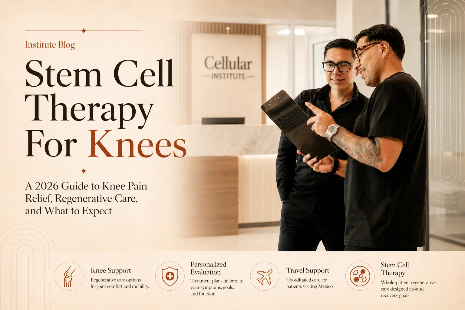 Featured image for “Stem Cell Therapy for Knees” showing two Cellular Institute clinicians reviewing a tablet in a modern clinic, with information about knee support, personalized evaluation, travel assistance, and regenerative care.