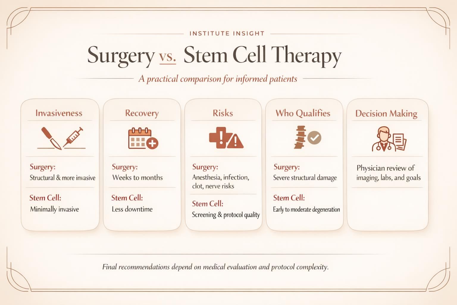 Educational infographic comparing surgery and stem cell therapy across invasiveness, recovery, risks, and candidate selection.