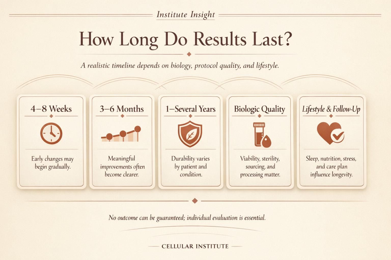 Premium infographic explaining the stem cell therapy timeline, typical duration, and factors that affect how long results may last.