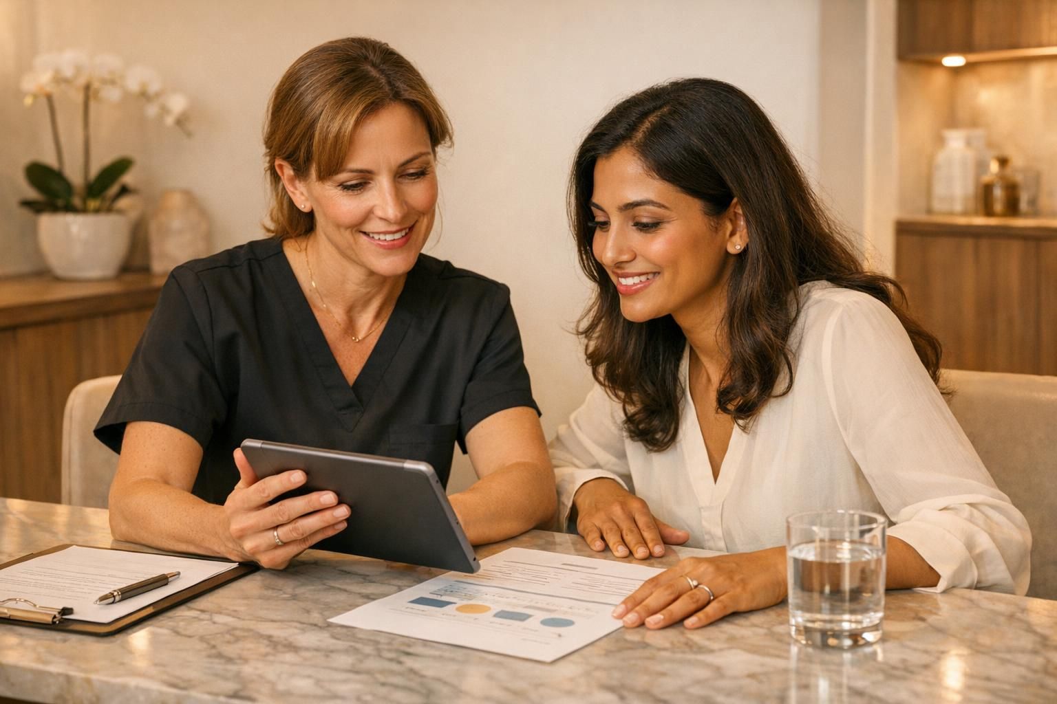 Physician and patient reviewing regenerative therapy planning documents in a warm modern clinic interior.