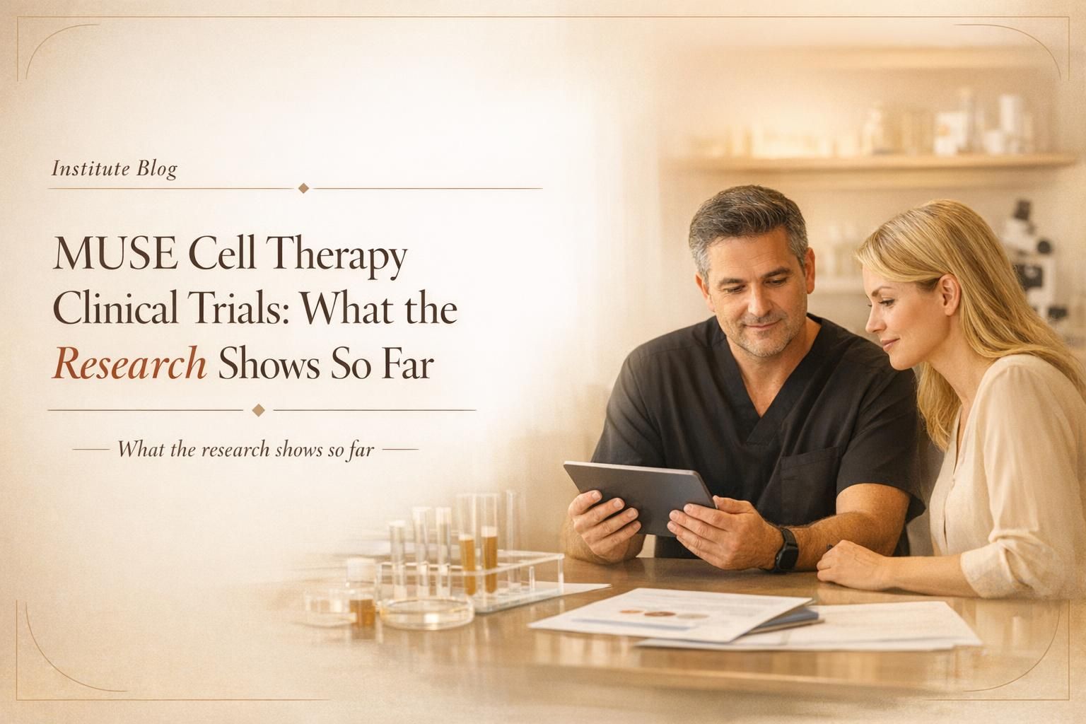 Premium blog cover about MUSE cell therapy clinical trials with a physician-led consultation scene in warm, elegant clinic lighting.