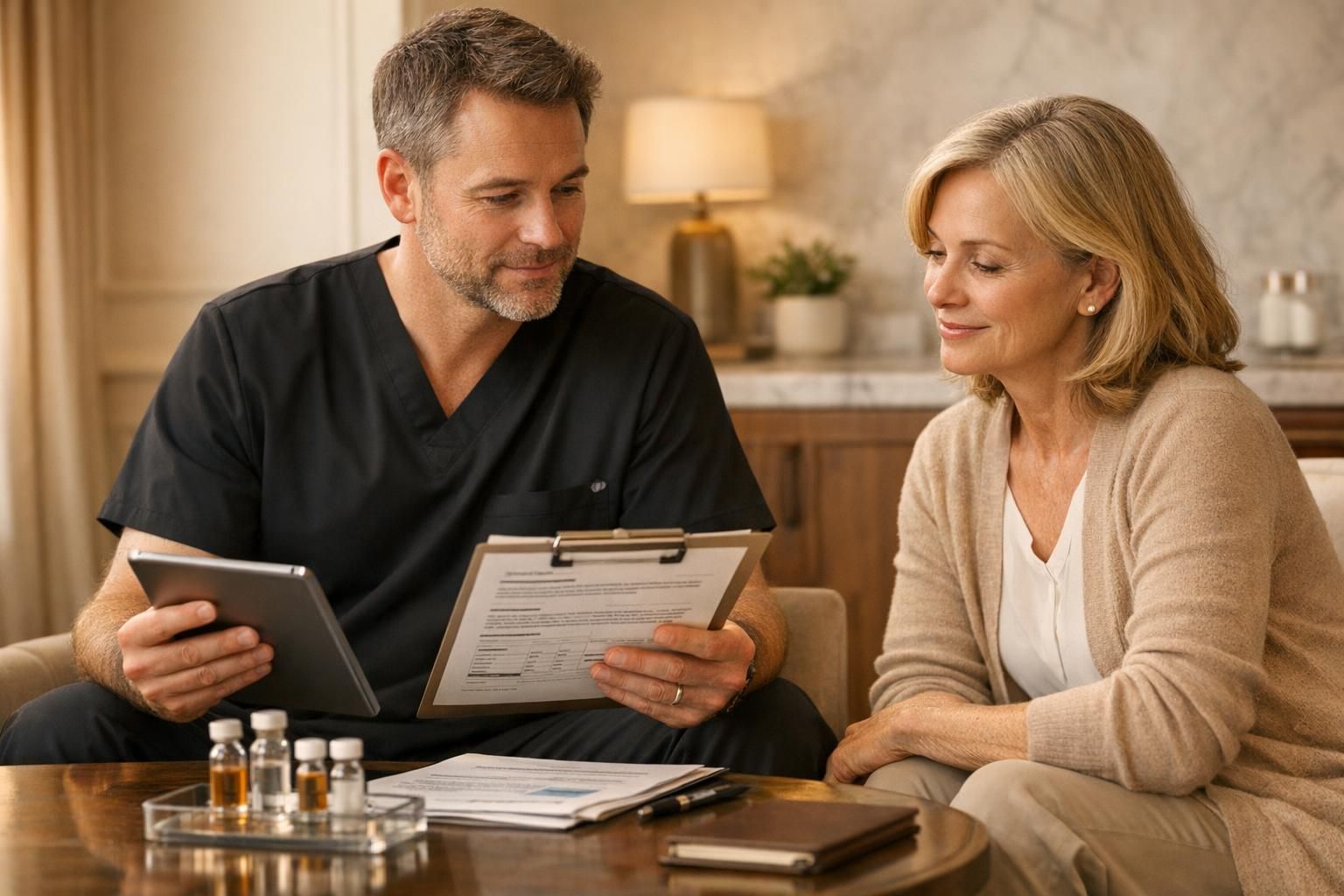 Physician and patient reviewing regenerative medicine trial data and quality documentation in a warm clinic setting.