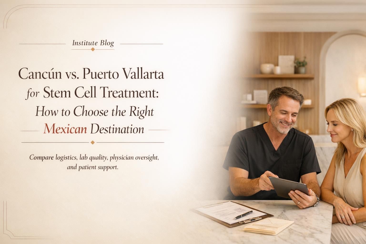 Premium editorial cover comparing stem cell treatment in Cancún and Puerto Vallarta