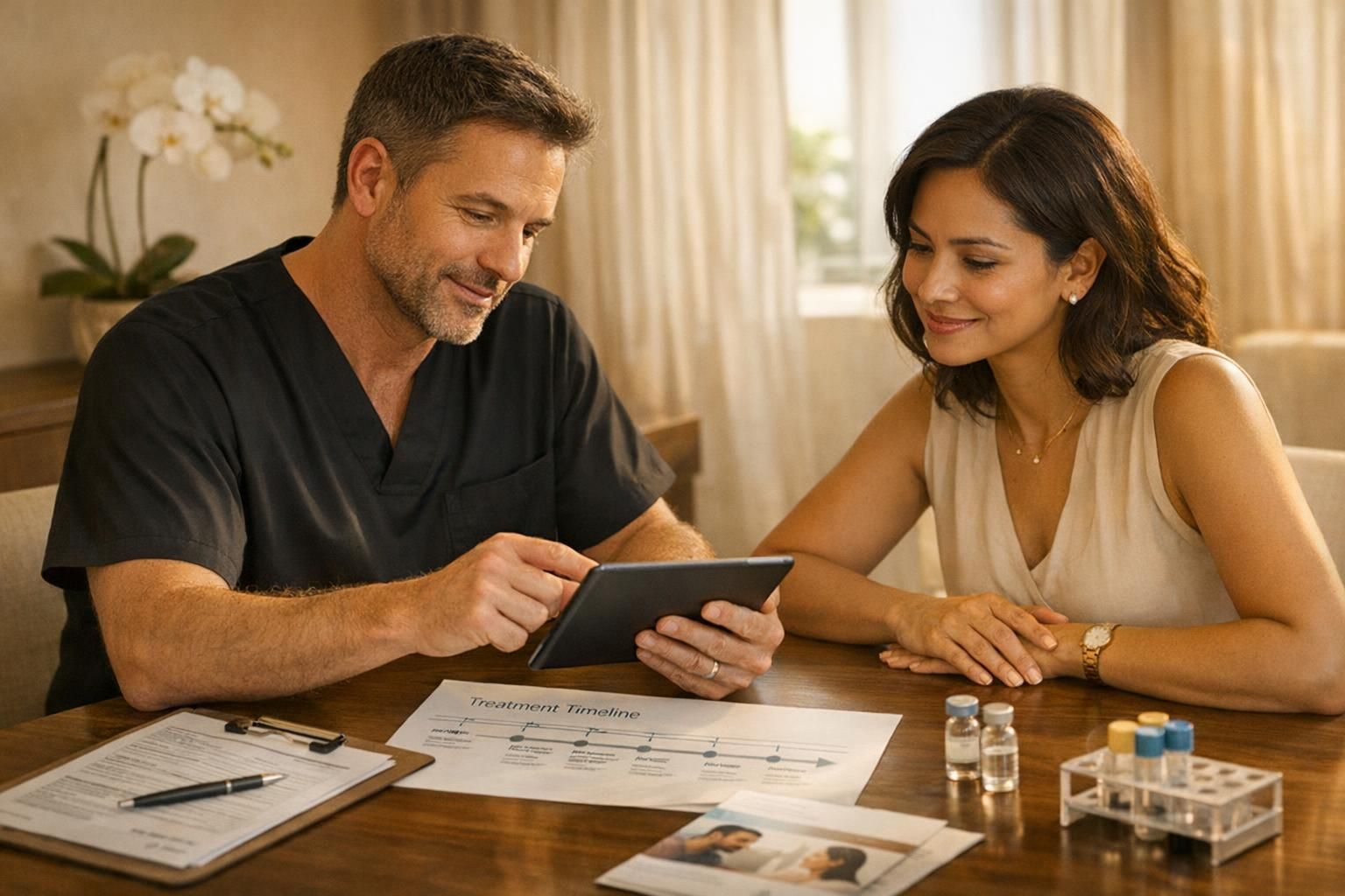 Physician and patient reviewing stem cell therapy quality documents and follow-up plan in a warm premium clinic setting.