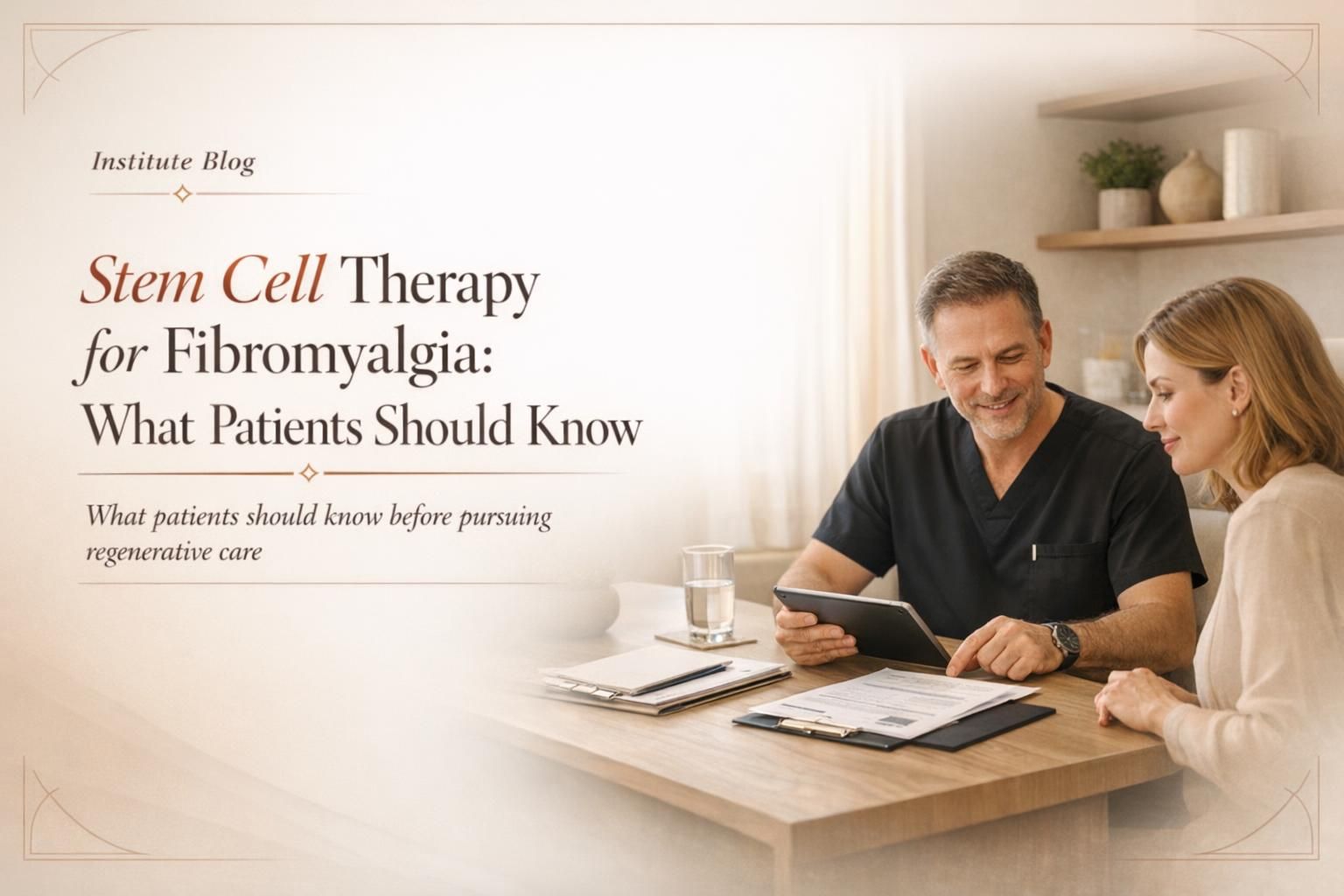 Premium editorial cover image for Stem Cell Therapy for Fibromyalgia: What Patients Should Know, showing a physician-led regenerative medicine consultation in a warm modern clinic.