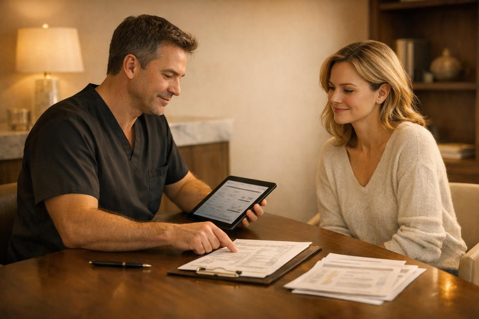 Warm premium clinic photo of a doctor in black scrubs reviewing treatment options with a patient during a regenerative medicine consultation.