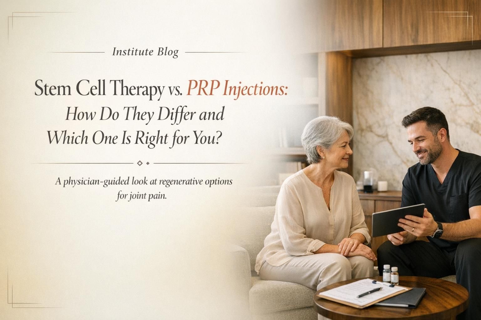 Premium editorial blog cover comparing stem cell therapy and PRP injections for joint pain in a physician-led regenerative medicine clinic.