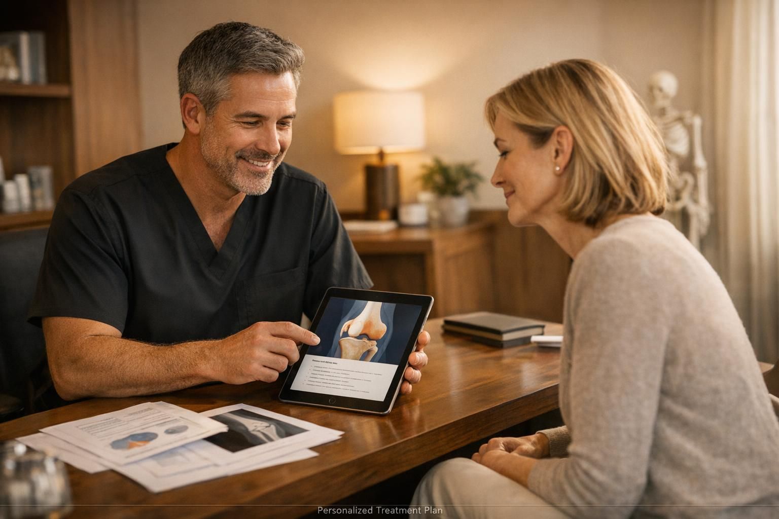 Physician in black scrubs reviewing regenerative treatment options with a patient in a premium clinic consultation room.
