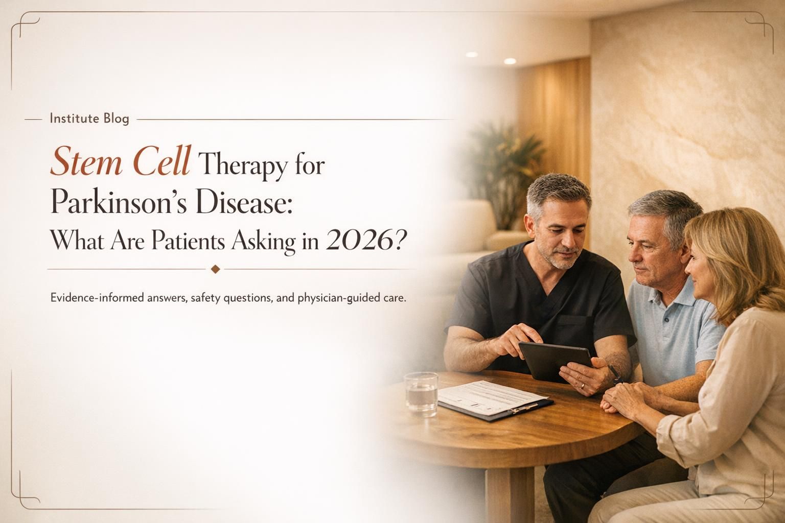 Premium editorial cover image for an article about stem cell therapy for Parkinson's disease in 2026, showing physician-guided consultation in a warm Cancun clinic setting.