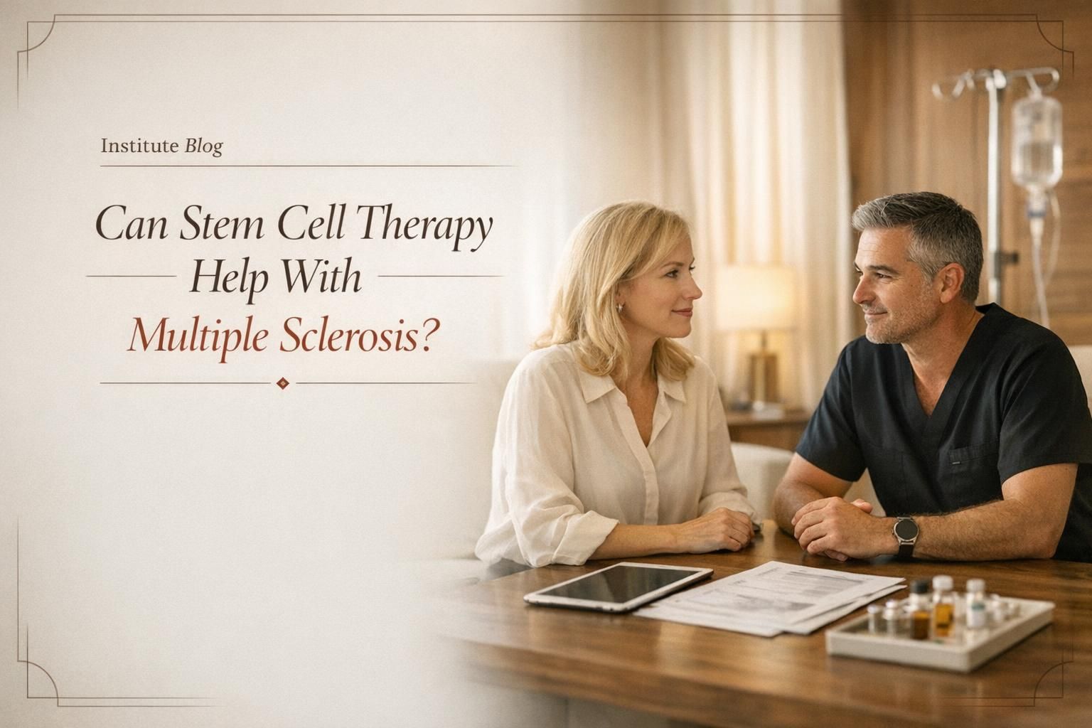 Premium editorial blog cover about stem cell therapy for multiple sclerosis in a physician-led clinic setting in Cancún.