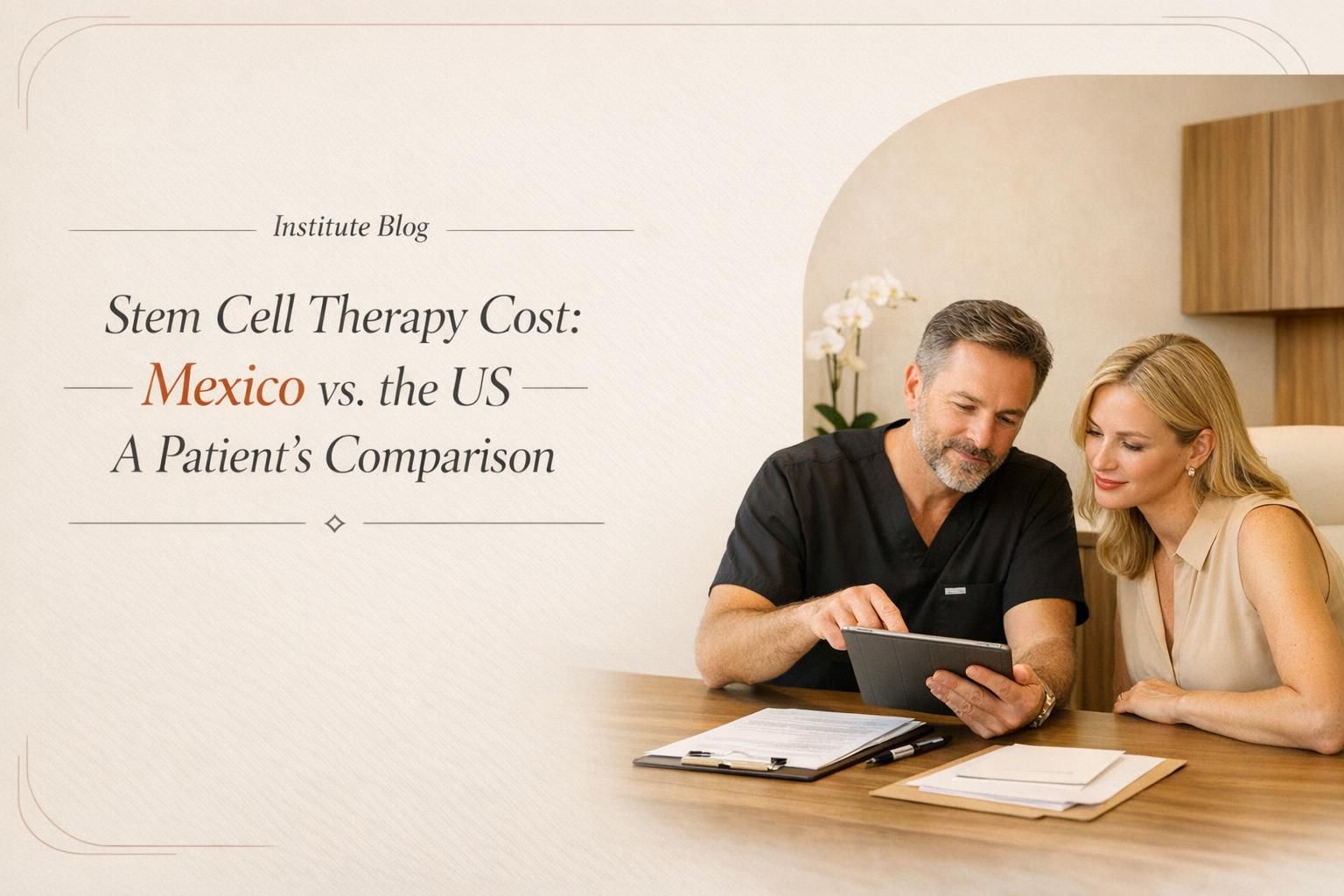 Premium editorial blog cover comparing stem cell therapy costs in Mexico and the United States.
