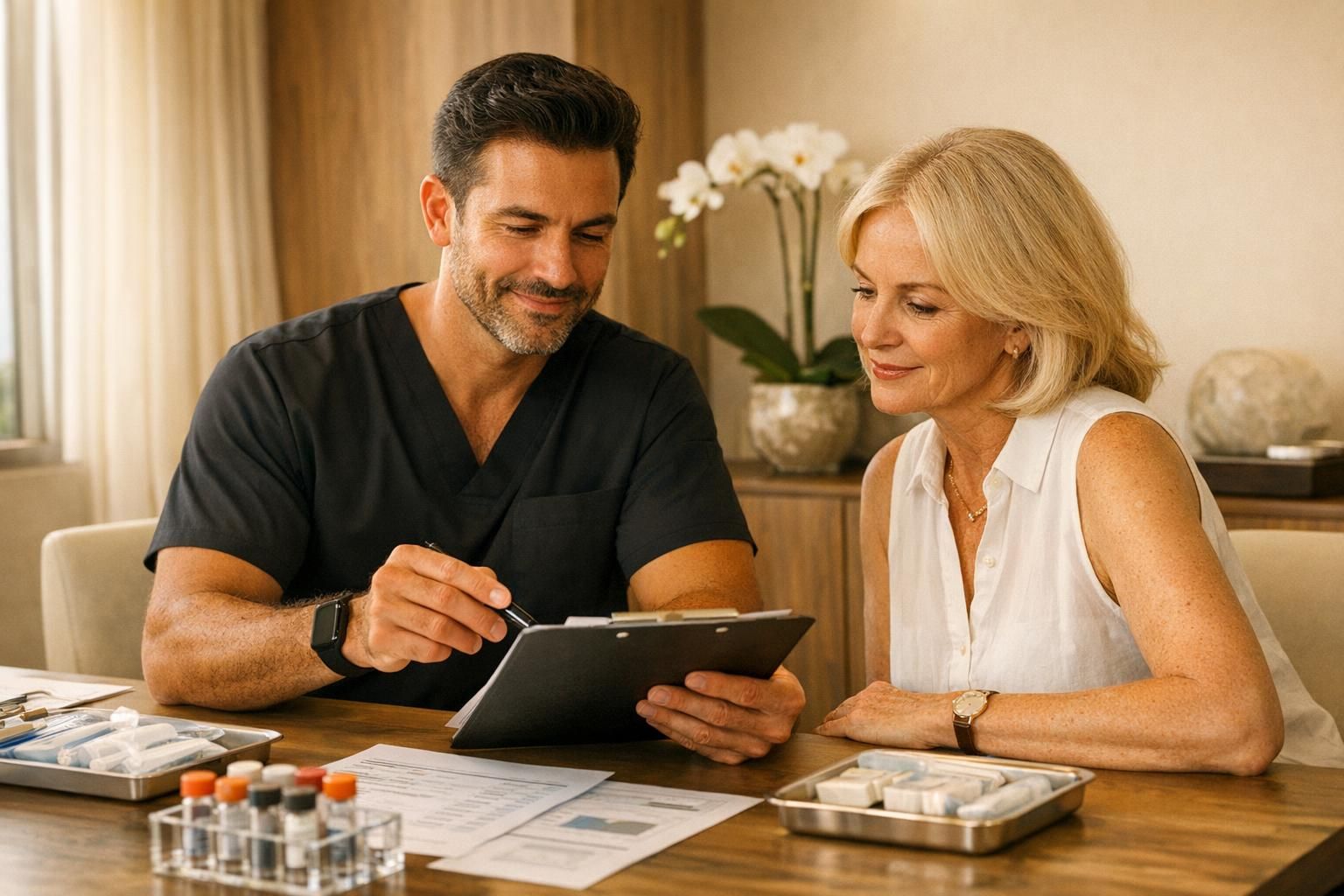 Physician and patient reviewing lab documentation and treatment details in a premium clinic setting.