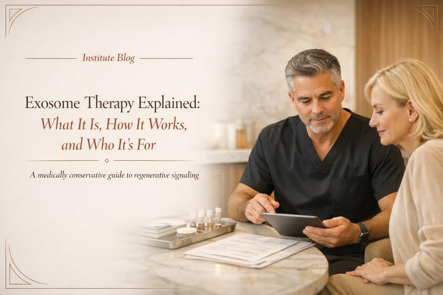 Premium editorial blog cover explaining exosome therapy at Cellular Institute with warm clinic visuals and readable title overlay.