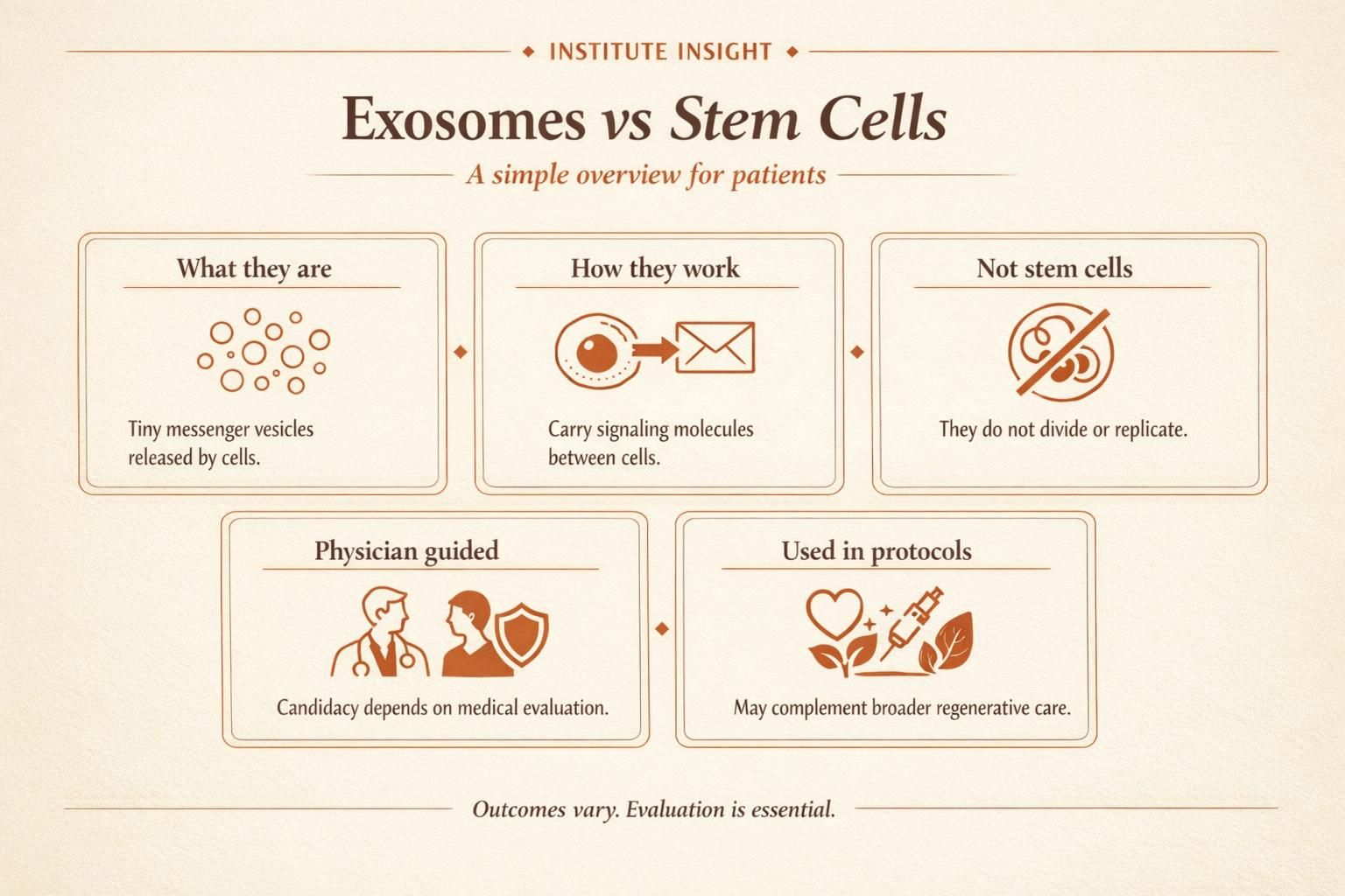 Educational infographic showing what exosomes are, how they differ from stem cells, and who may be a candidate.