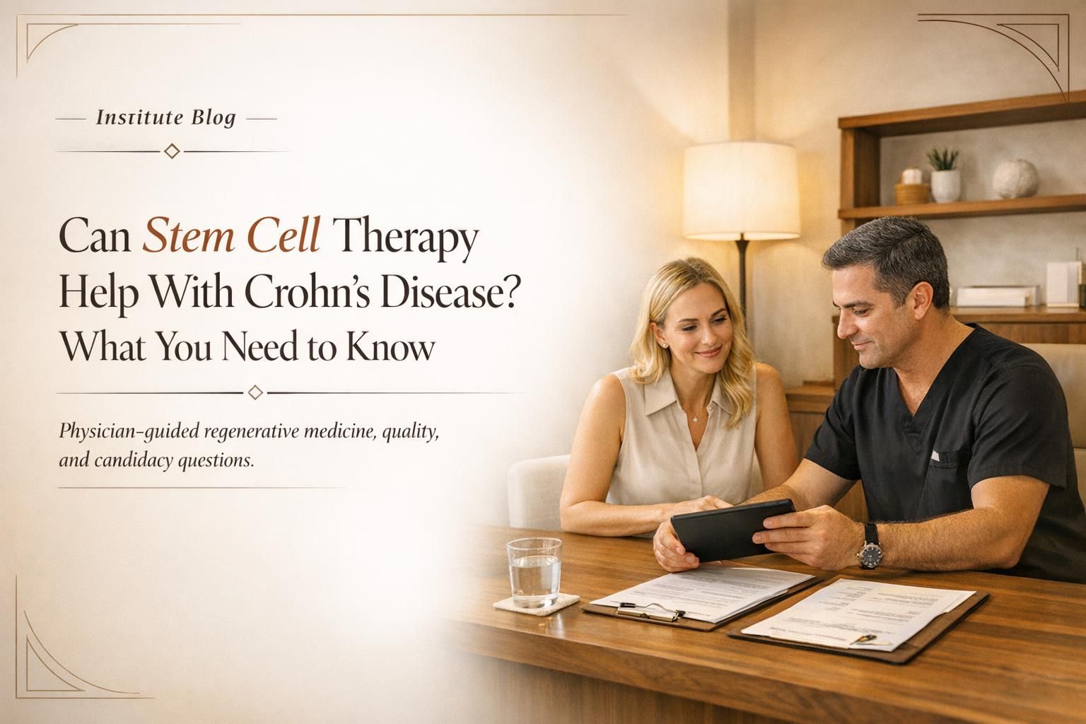 Premium editorial blog cover about stem cell therapy for Crohn's disease with physician consultation imagery.