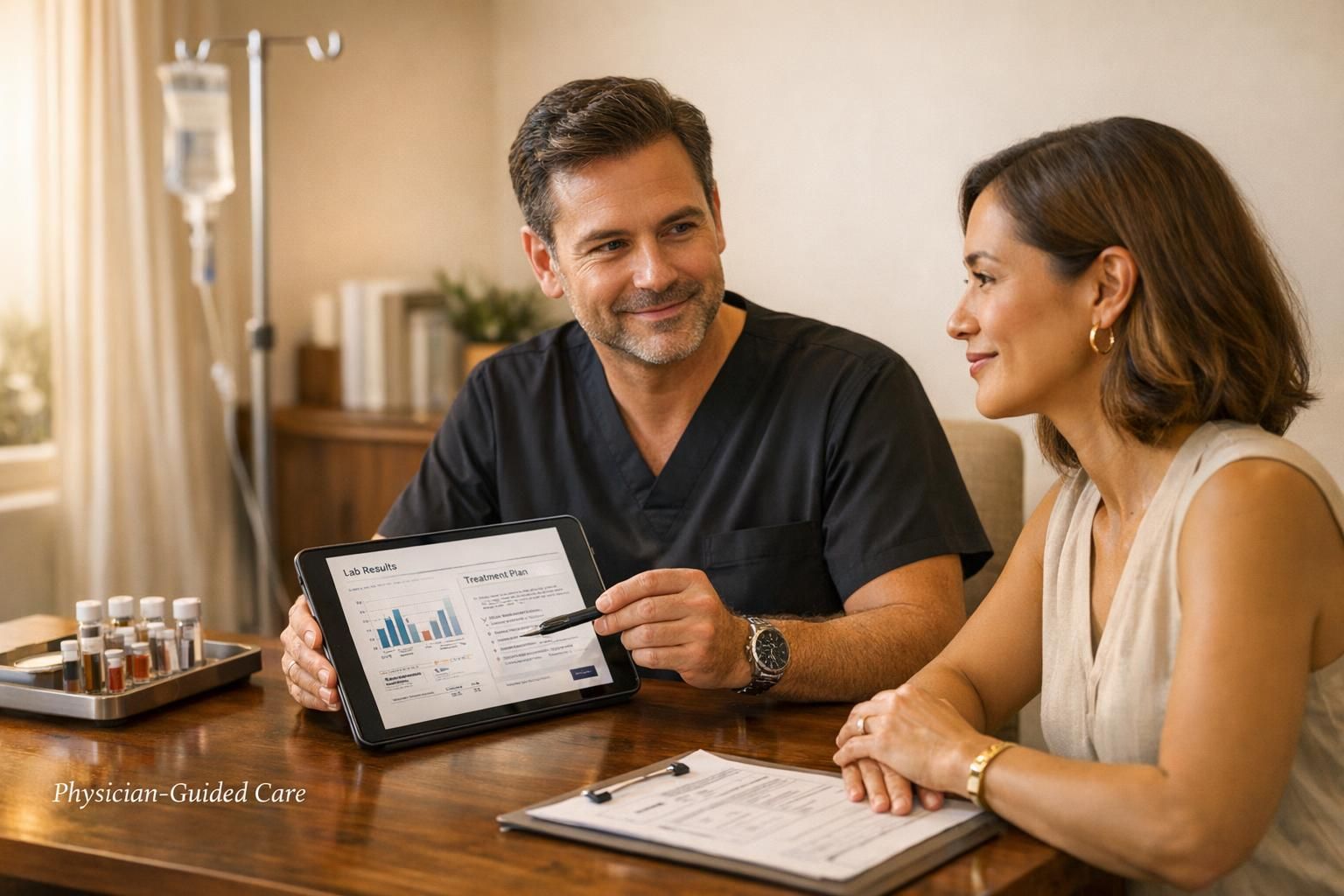 Doctor in black scrubs reviewing documentation with a patient in a warm clinic setting.