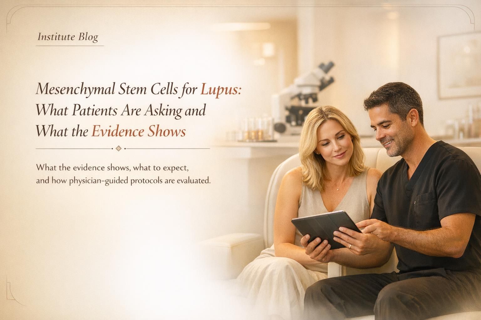 Elegant blog cover about mesenchymal stem cells for lupus with physician-led consultation imagery and premium medical editorial styling.