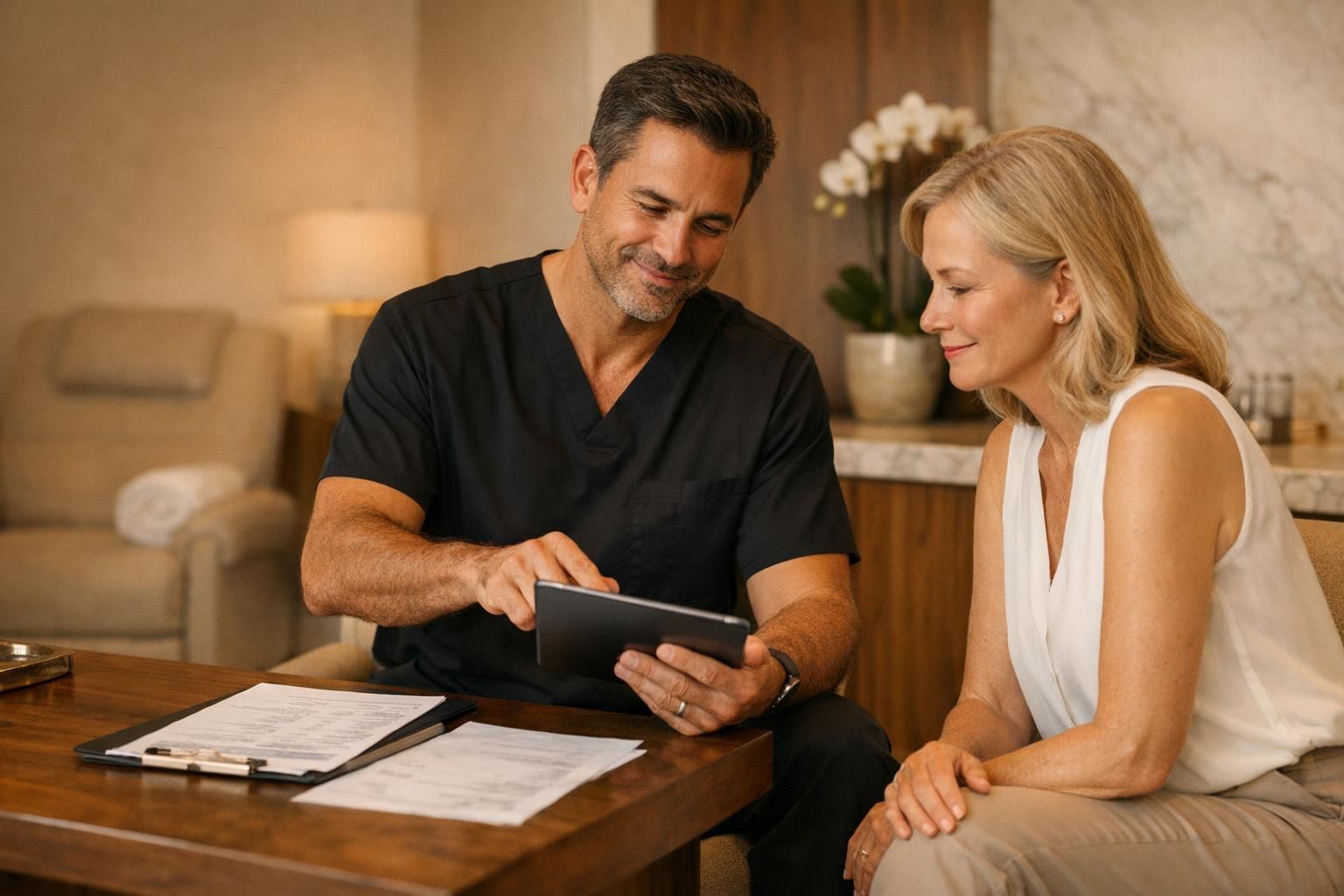 Physician in black scrubs discussing lupus protocol details with a patient in a warm premium clinic consultation room.
