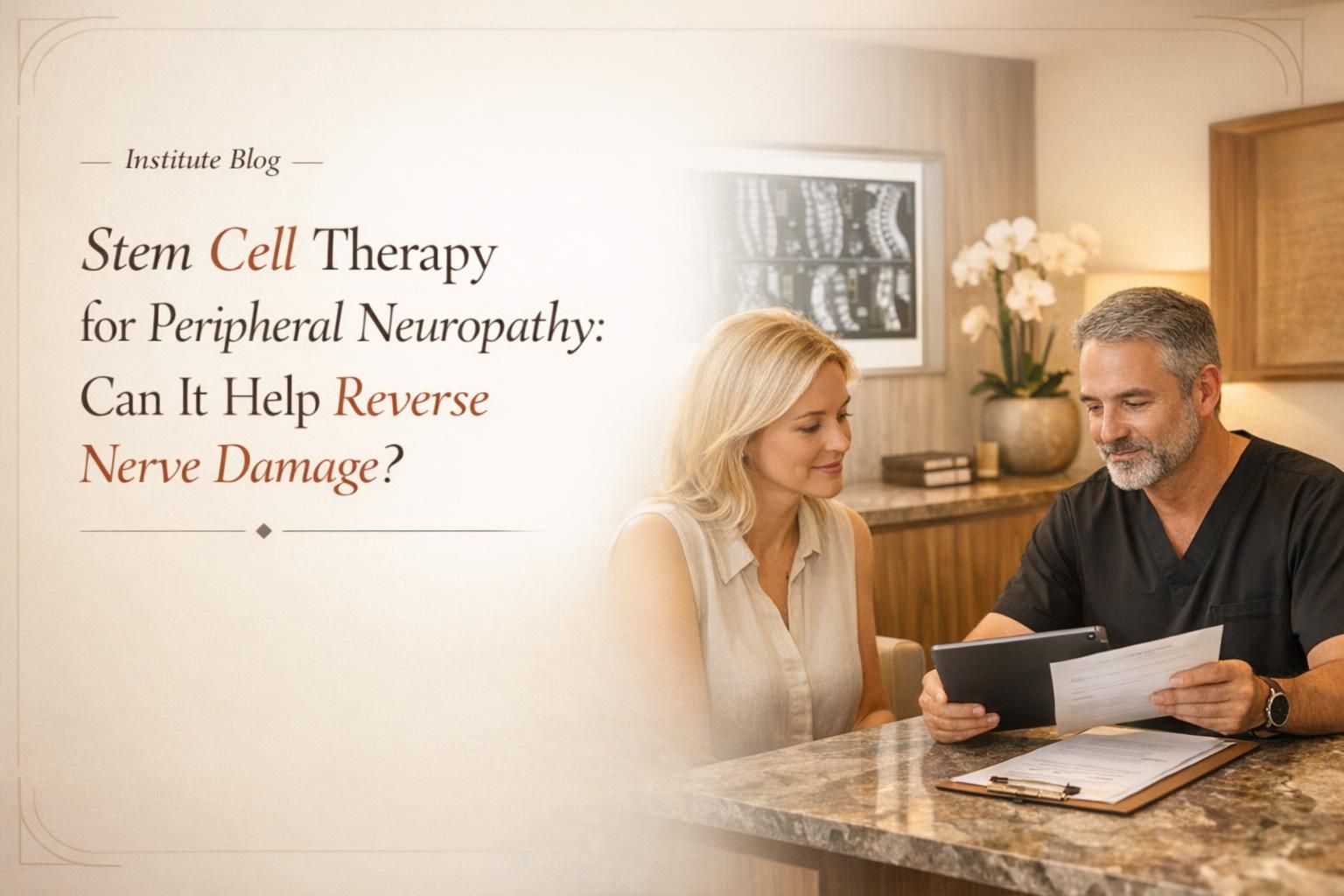 Premium editorial blog cover for stem cell therapy for peripheral neuropathy with a physician reviewing a nerve health treatment plan in a warm Cancún clinic setting.