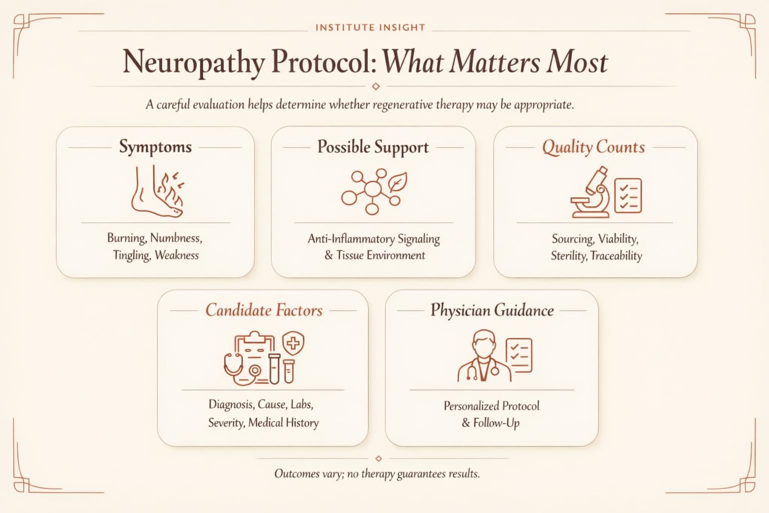 Educational infographic explaining how stem cell therapy may support peripheral neuropathy care, candidate factors, and safety considerations.