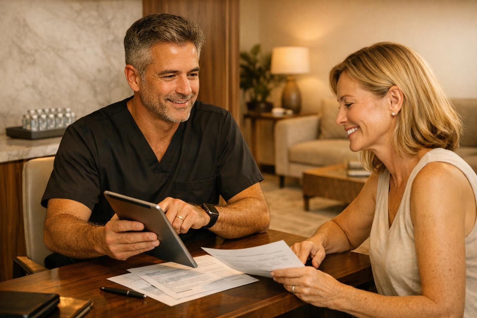 Physician in black scrubs reviewing MS treatment plan and lab documentation with a patient in a premium Cancún clinic.