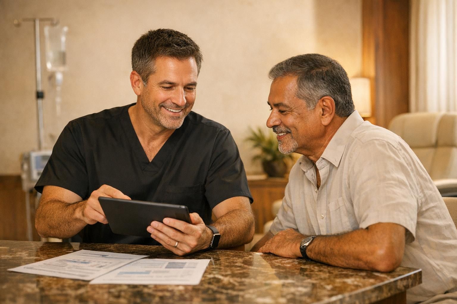 Physician and patient in a warm clinic reviewing regenerative medicine options for peripheral neuropathy.
