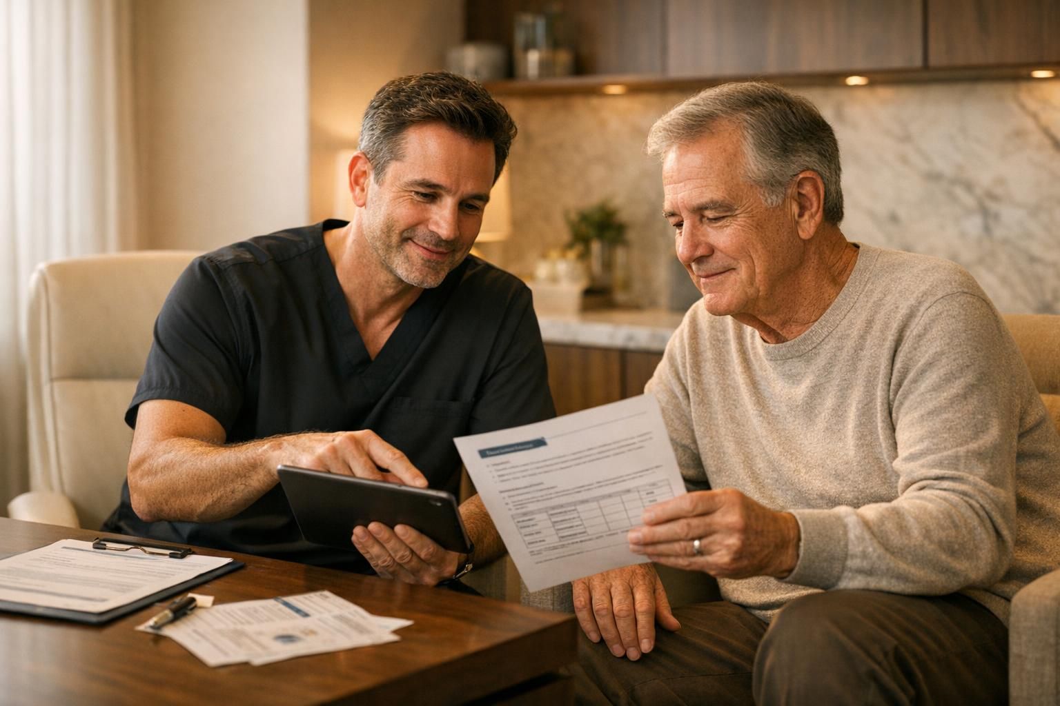 Physician and patient in a premium clinic consultation room reviewing a personalized regenerative medicine plan.