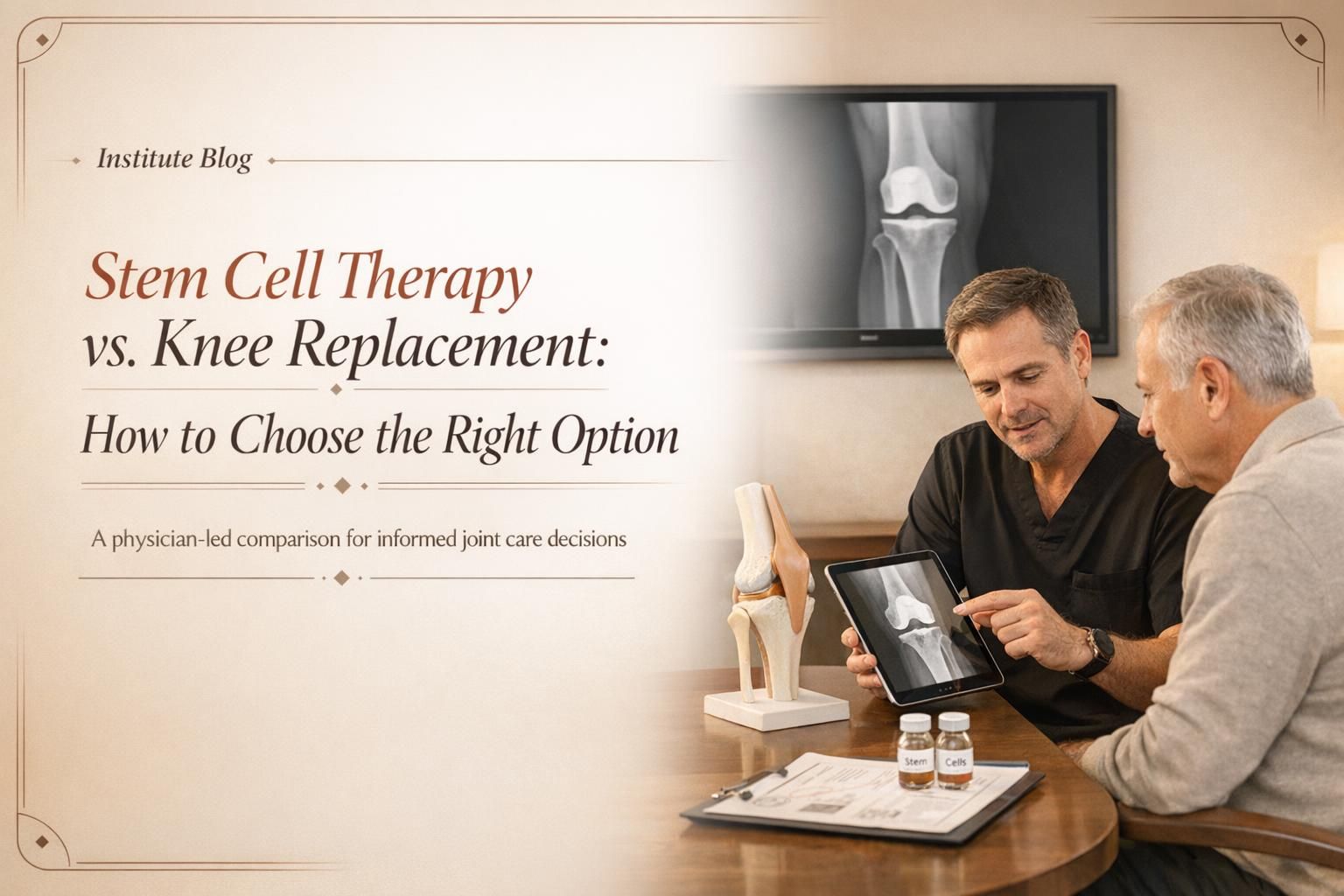 Premium editorial blog cover comparing stem cell therapy and knee replacement surgery for knee pain treatment decisions.