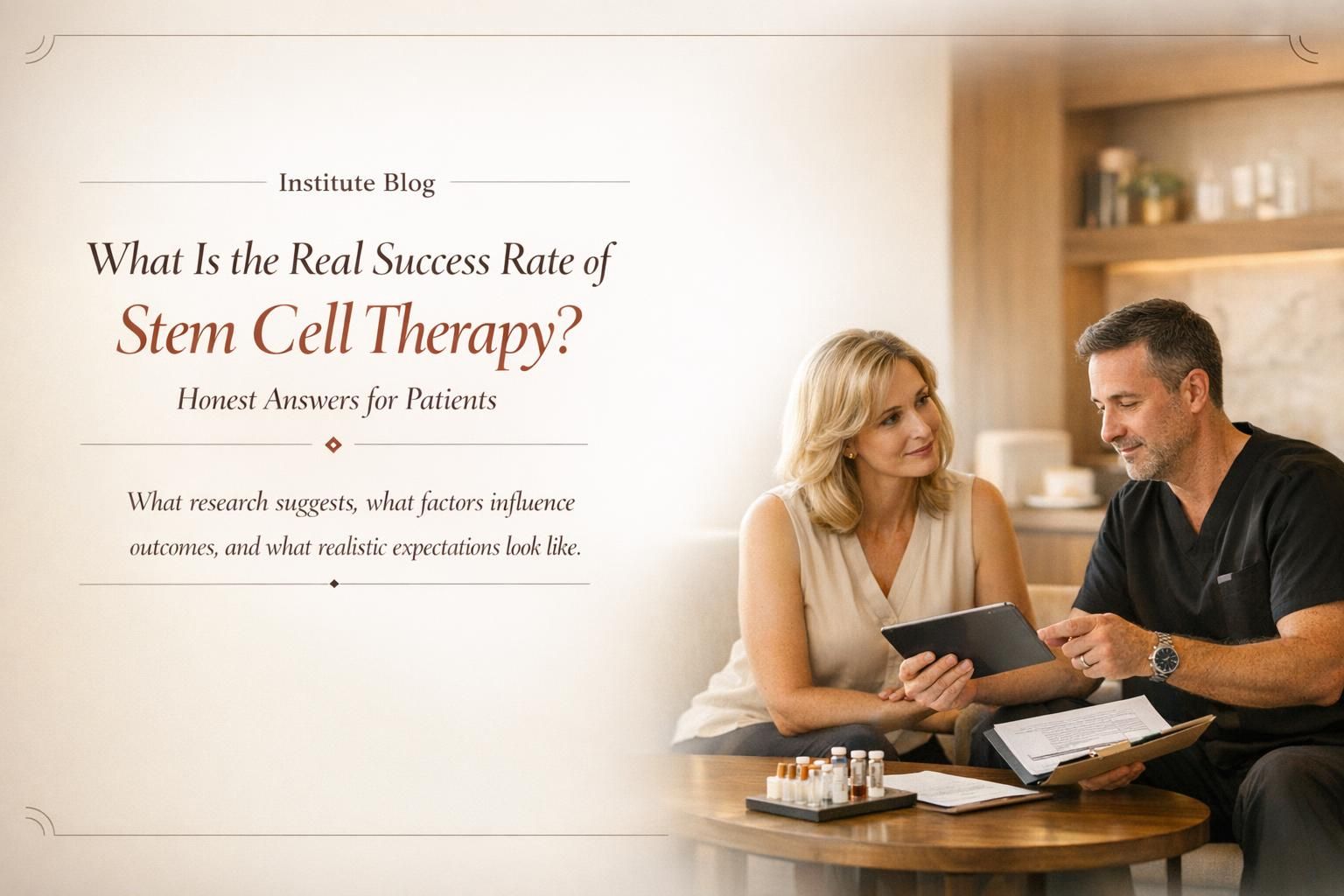 Premium blog cover about the real success rate of stem cell therapy with physician-led consultation and elegant editorial layout.