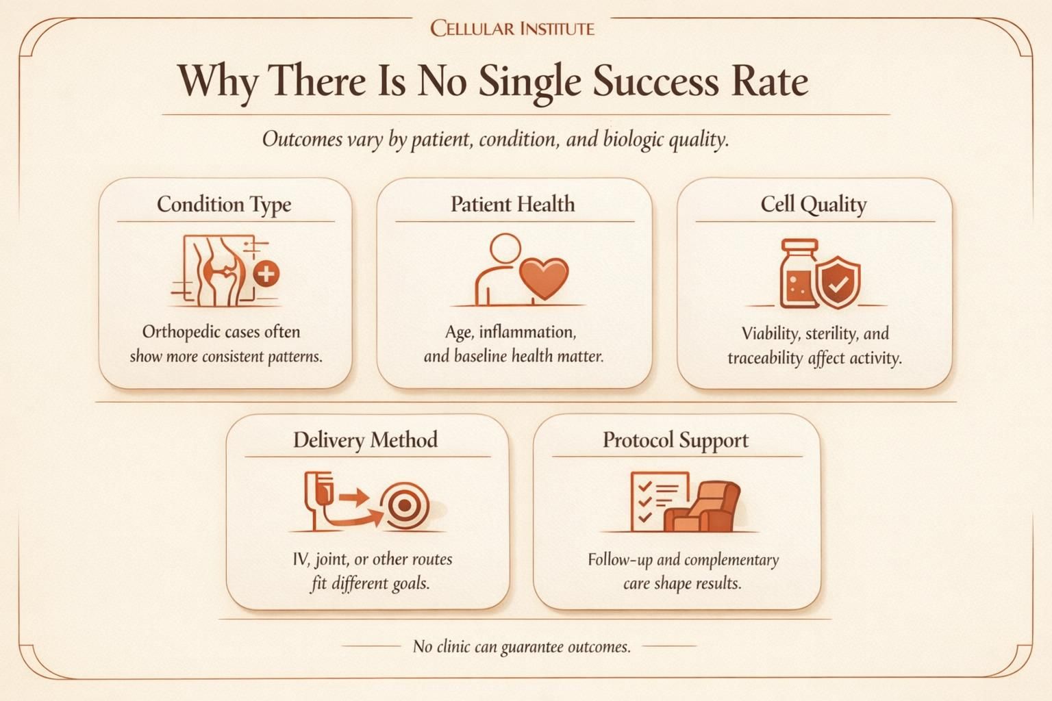 Educational infographic showing the main factors that influence stem cell therapy success rate and realistic expectations.