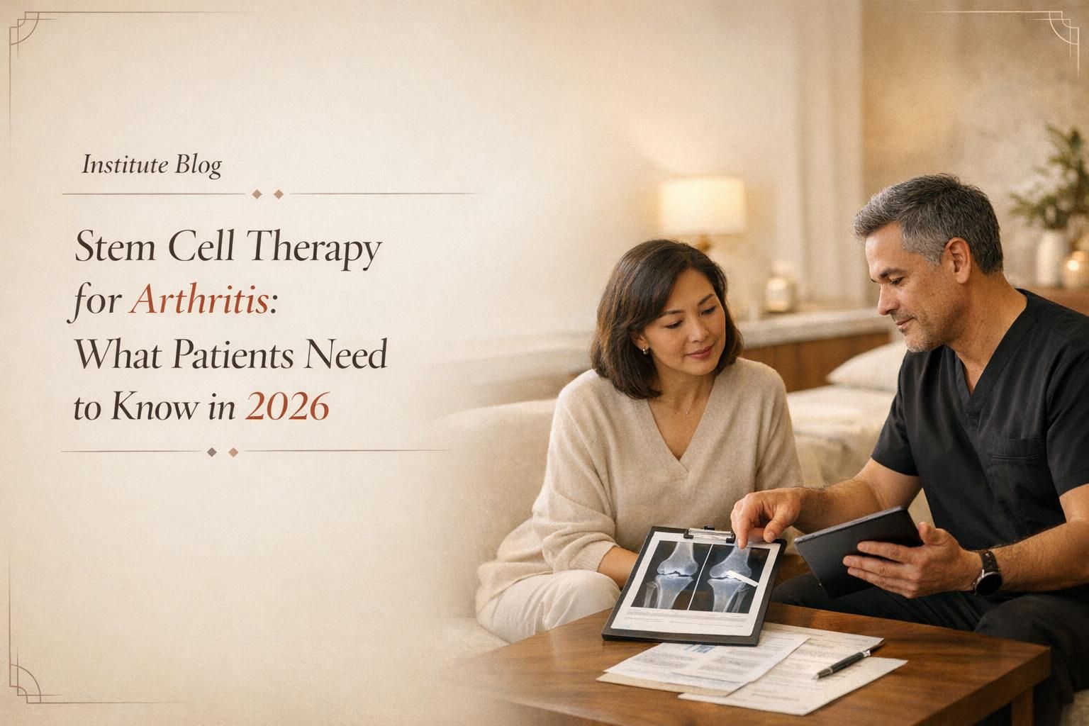 Premium editorial blog cover about stem cell therapy for arthritis with physician-led consultation in a warm modern clinic.