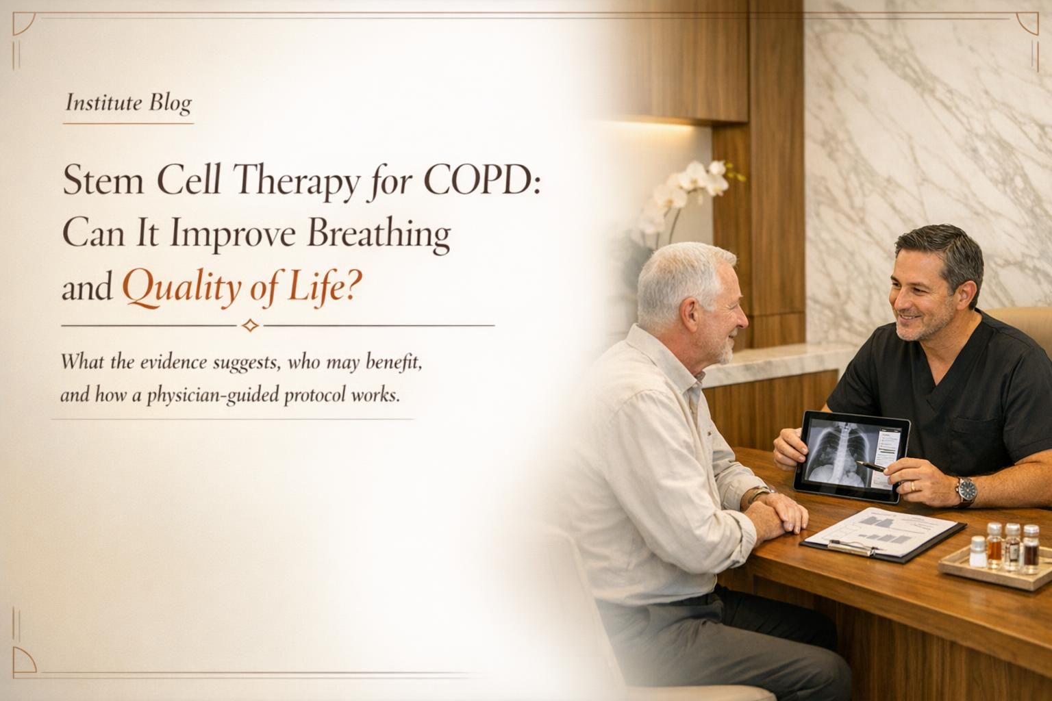 Premium editorial blog cover about stem cell therapy for COPD with a physician-led consultation scene and readable title overlay.