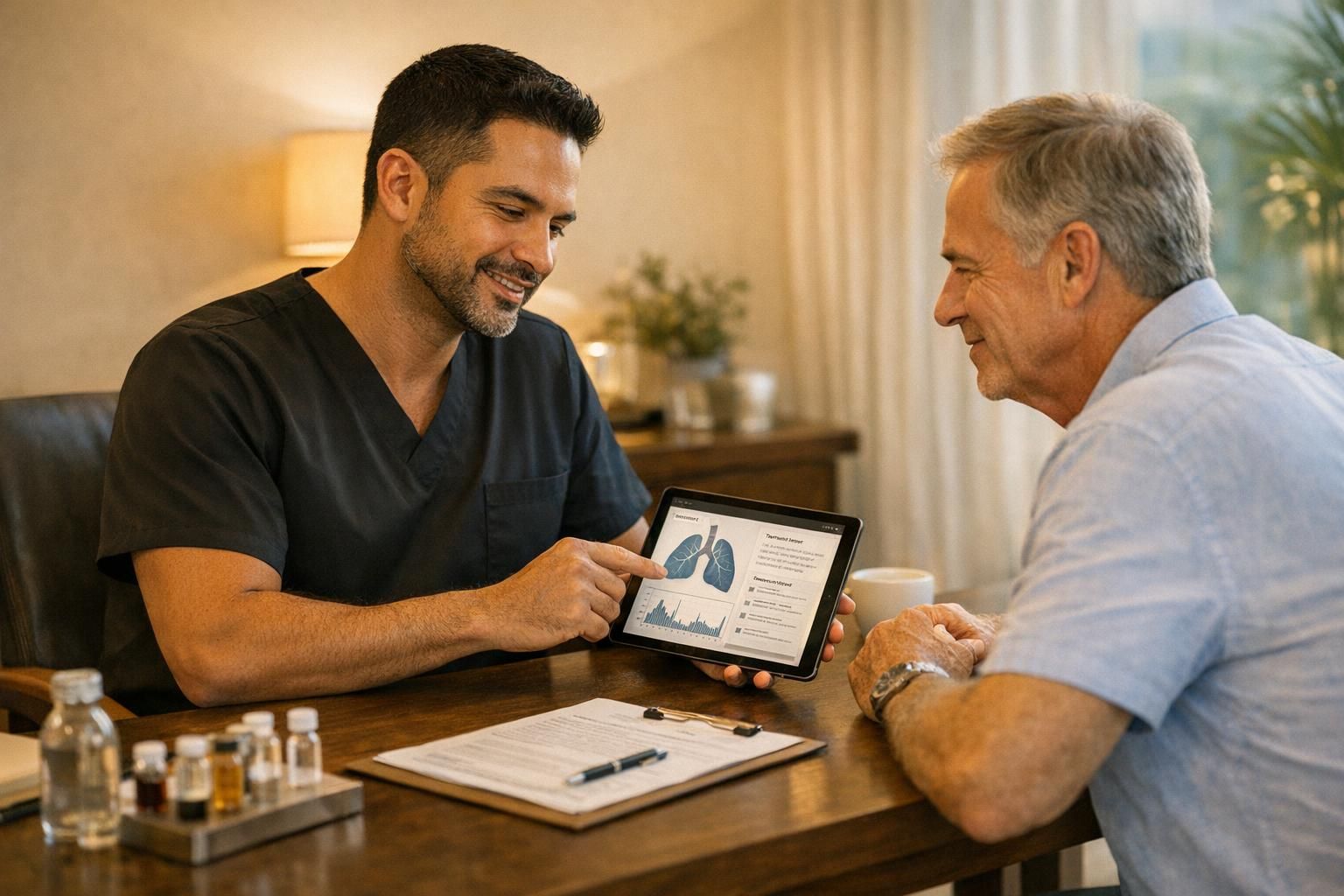 Physician and patient reviewing COPD treatment planning documents in a warm premium clinic setting.