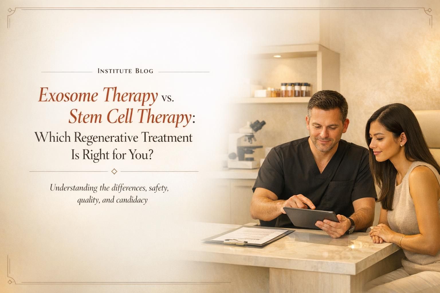 Premium editorial cover comparing exosome therapy and stem cell therapy in a physician-led regenerative medicine clinic.
